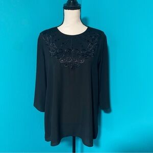 Octavia XL Black Decorative Neck Keyhole Back 3/4 Sleeve Blouse